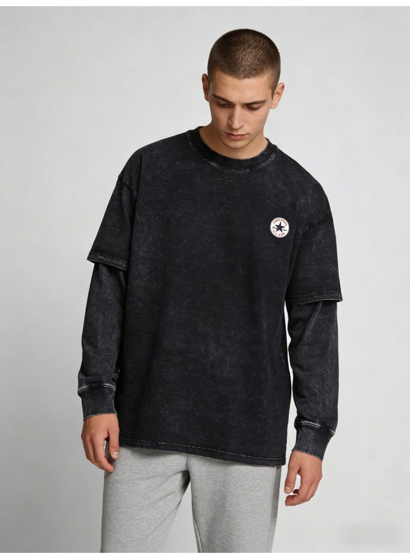 كونفرس Converse Black Acid Wash Double Layer Long Sleeve T-Shirt – Unisex Casual Streetwear - Image 2